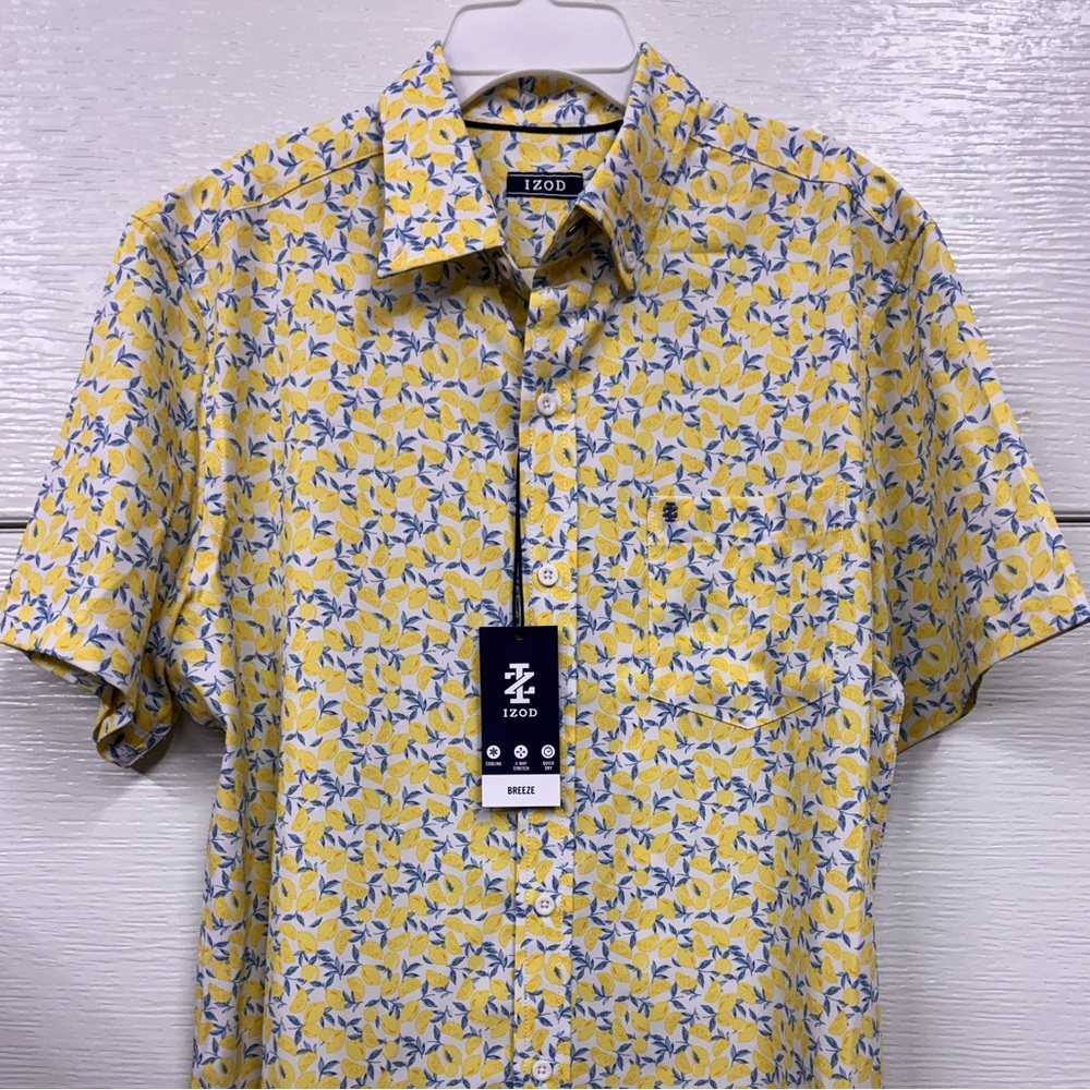 Izod Breeze Men’s S/S Button Down Lemon Print Shirt 4 Way Stretch Cooling - Picture 4 of 10